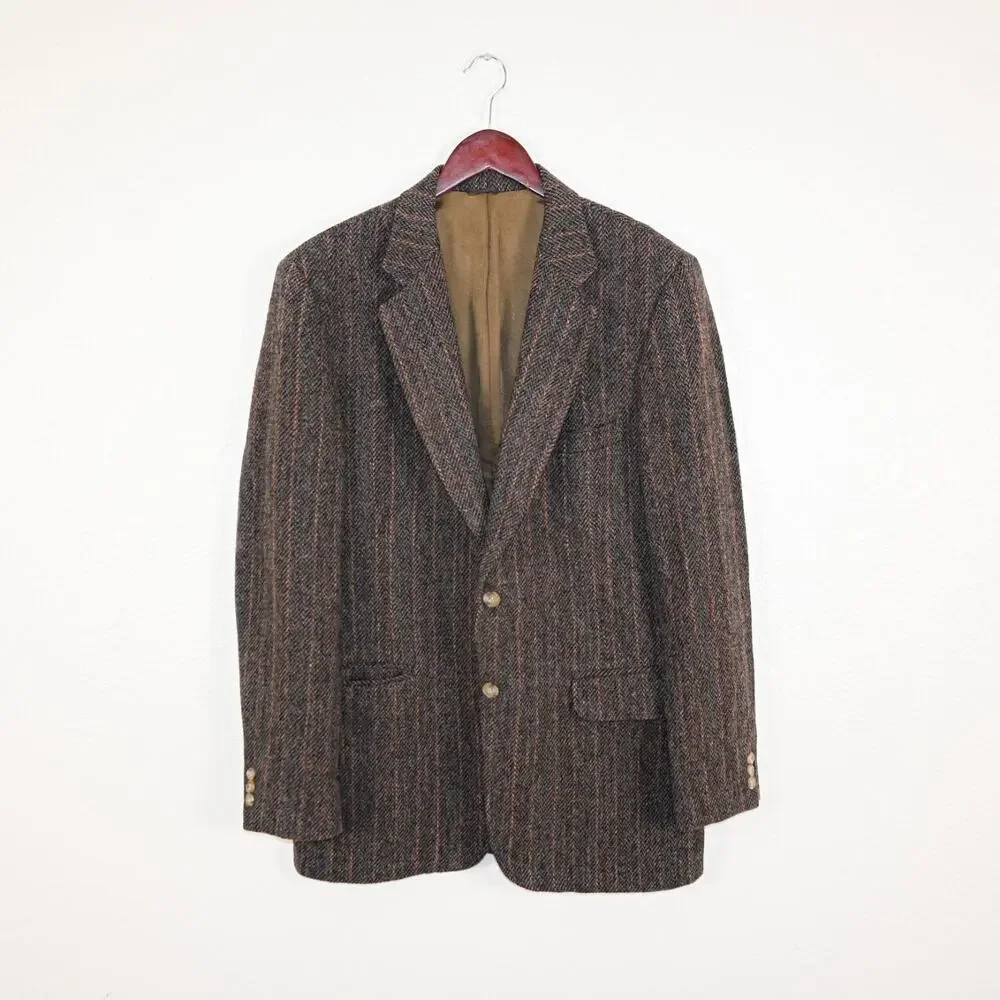 Harris Tweed 44US Scottish Wool Sport Coat Haevy herringbone Brown striped